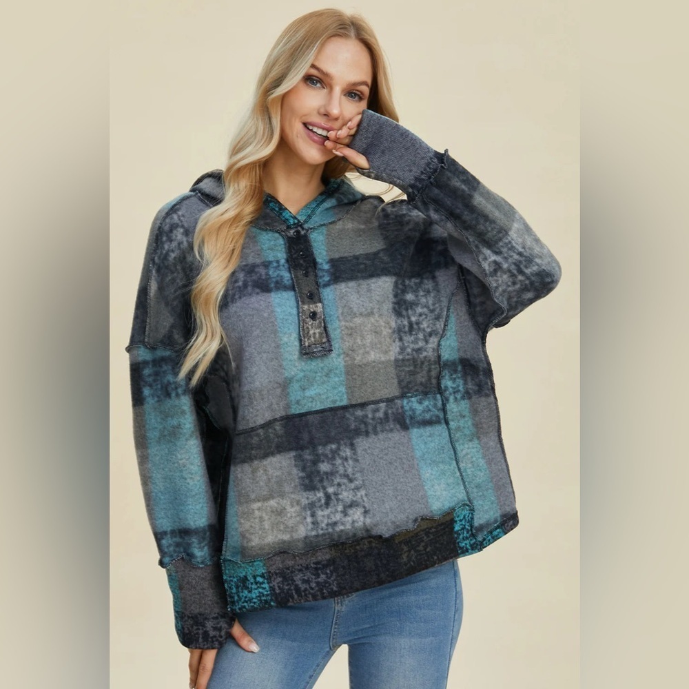 BiBi Dropped Shoulder Plaid Hooded Pullover